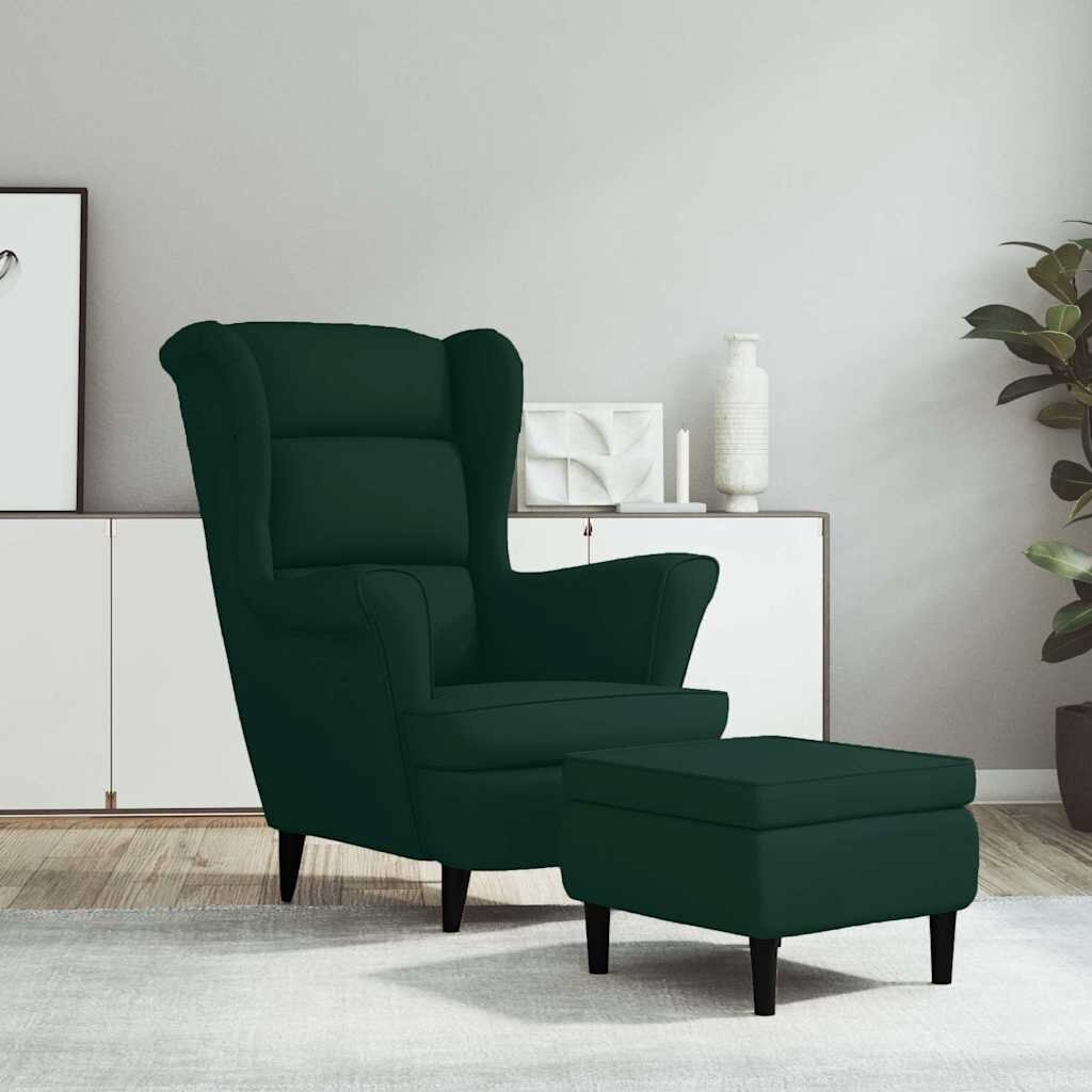vidaXL Фотьойл Wingback с табуретка тъмнозелена кадифе