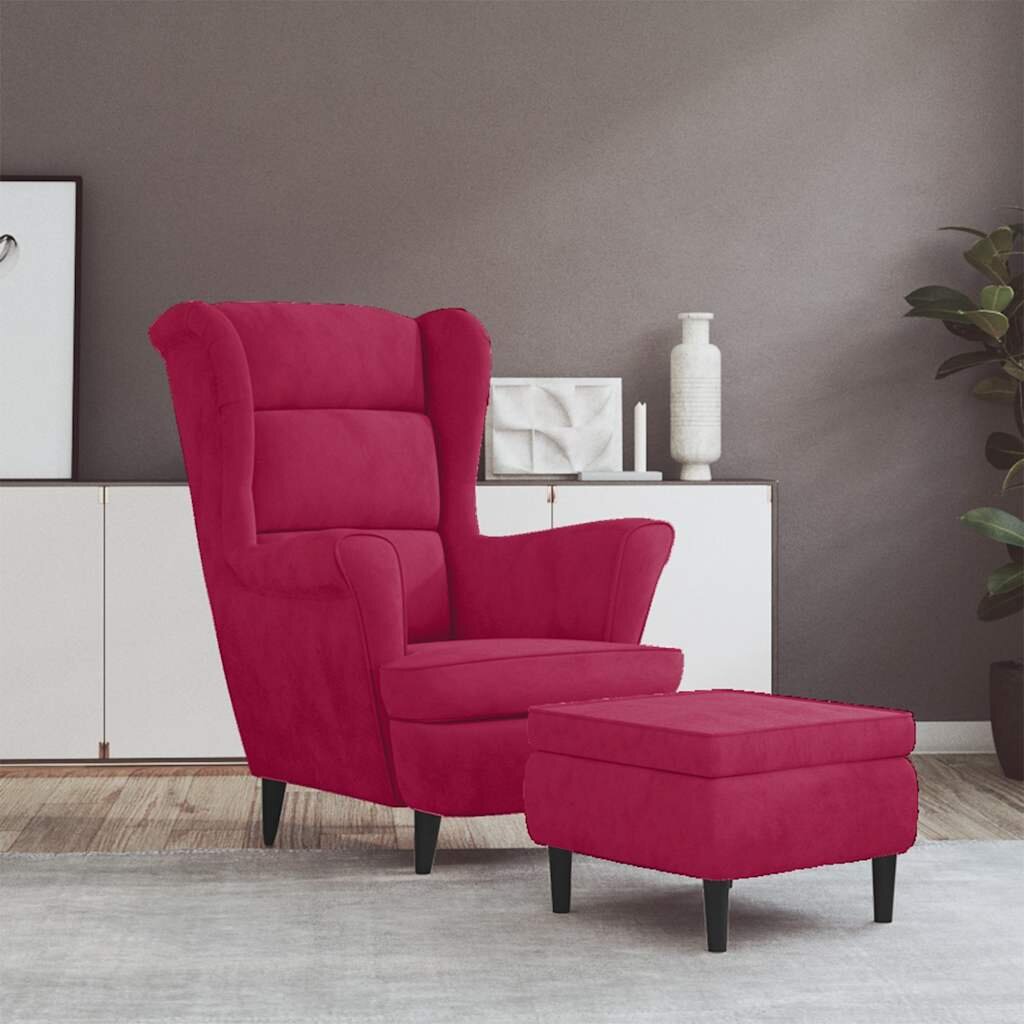 vidaXL Фотьойл Wingback с табуретка виненочервен кадифе