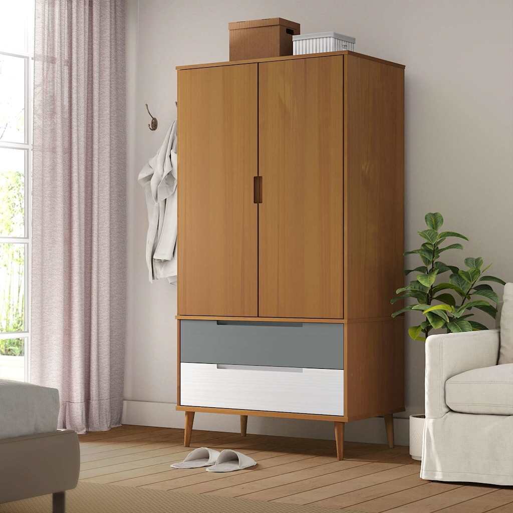 vidaXL Гардероб MOLDE кафяв 90x55x175 см бор масив