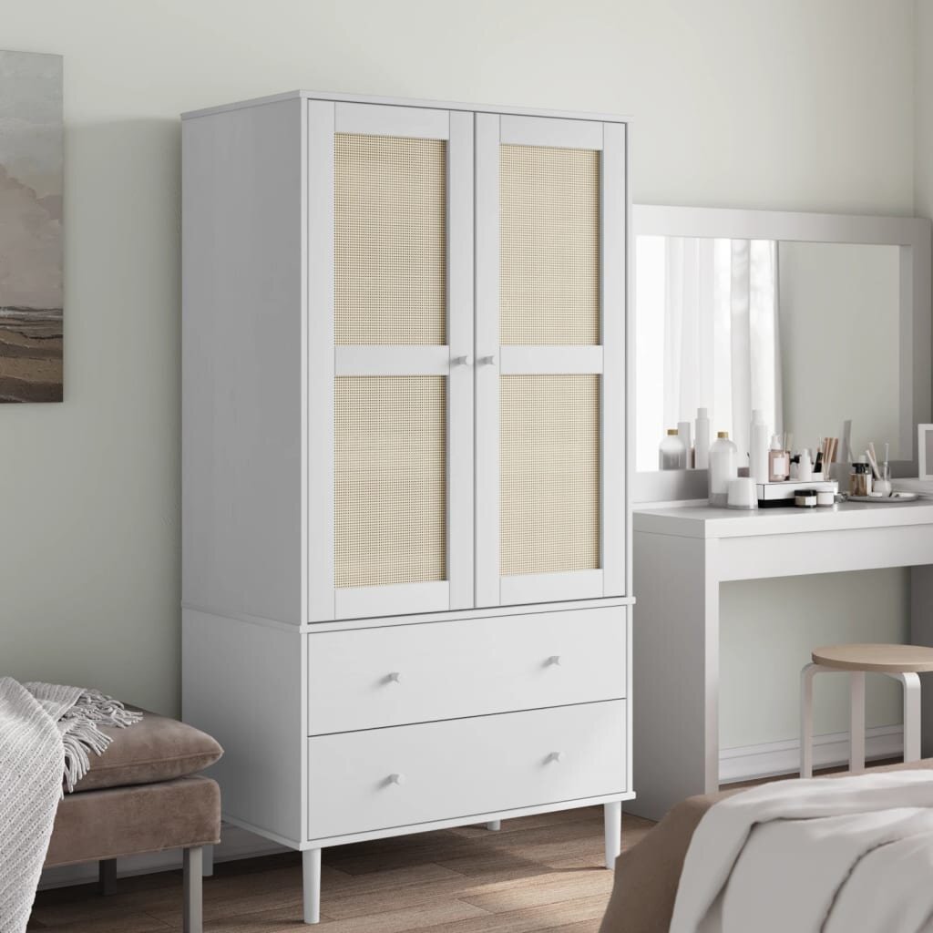 vidaXL Гардероб "SENJA" ратанова визия бял 90x55x175 см бор масив