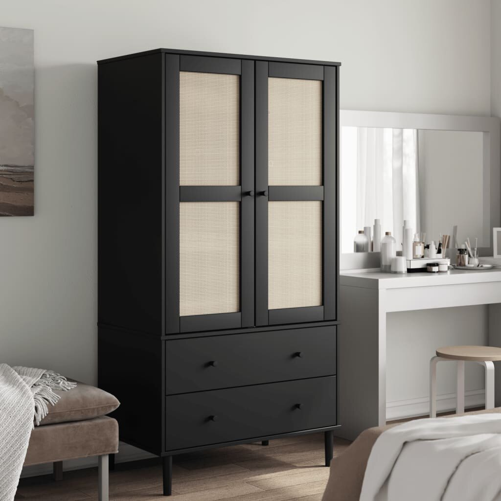 vidaXL Гардероб "SENJA" ратанова визия черен 90x55x175 см бор масив