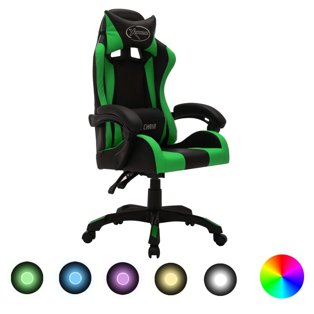 vidaXL Геймърски стол RGB LED осветление зелено/черно изкуствена кожа