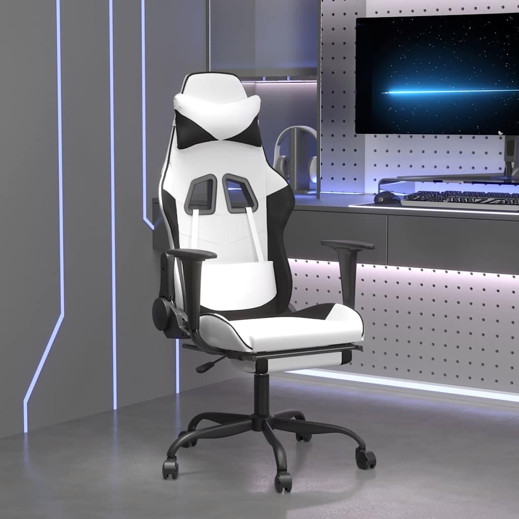 vidaXL Гейминг стол с опора за крака бяло и черно изкуствена кожа