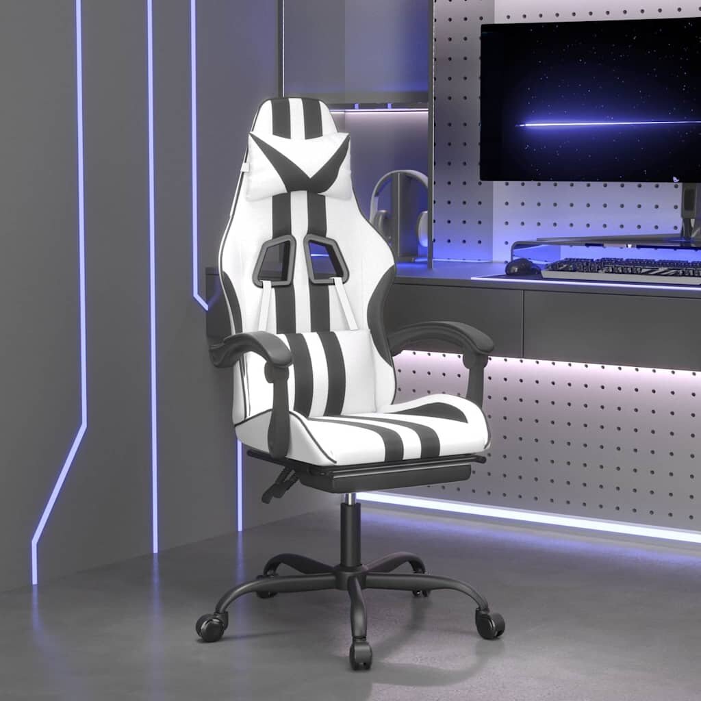 vidaXL Гейминг стол с опора за крака бяло и черно изкуствена кожа