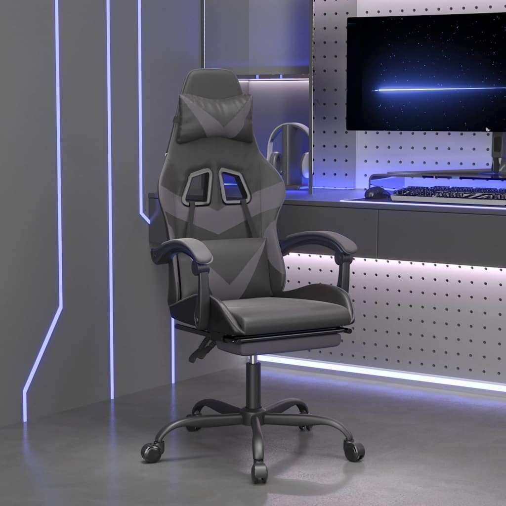 vidaXL Гейминг стол с опора за крака черно и cиво изкуствена кожа