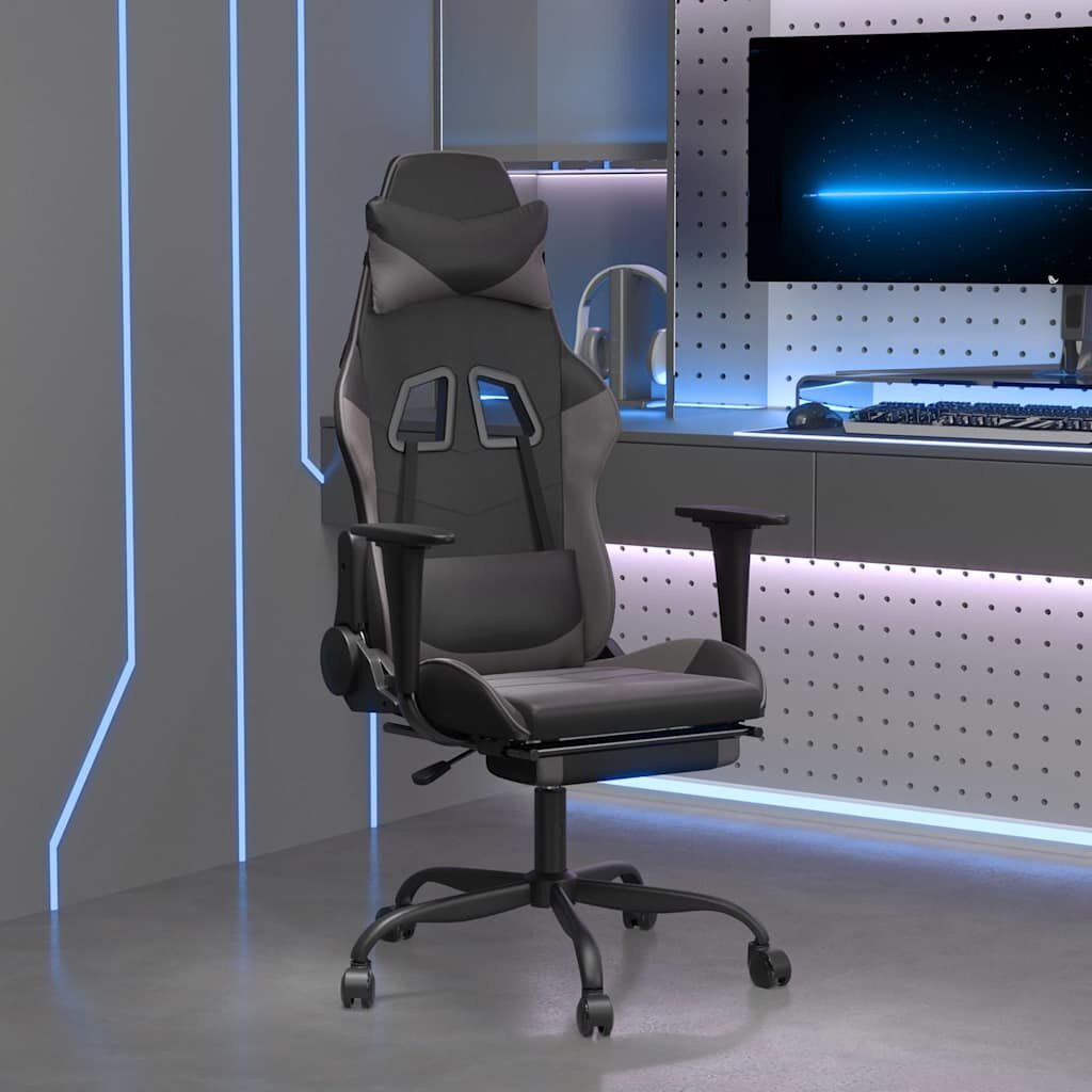 vidaXL Гейминг стол с опора за крака черно и cиво изкуствена кожа