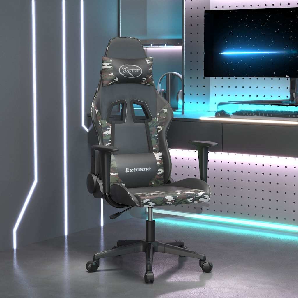 vidaXL Гейминг стол с опора за крака черно и камуфлаж изкуствена кожа