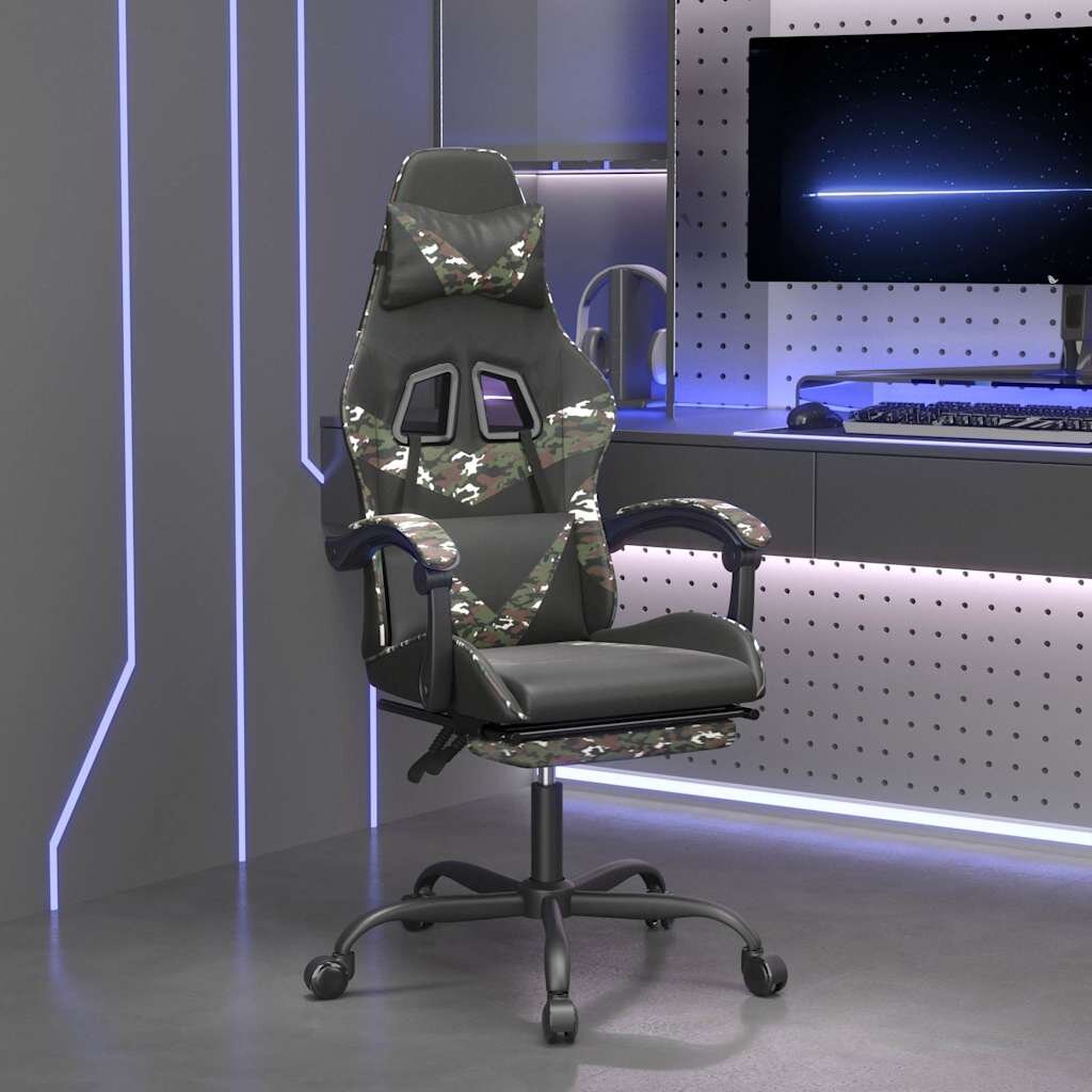 vidaXL Гейминг стол с опора за крака черно и камуфлаж изкуствена кожа