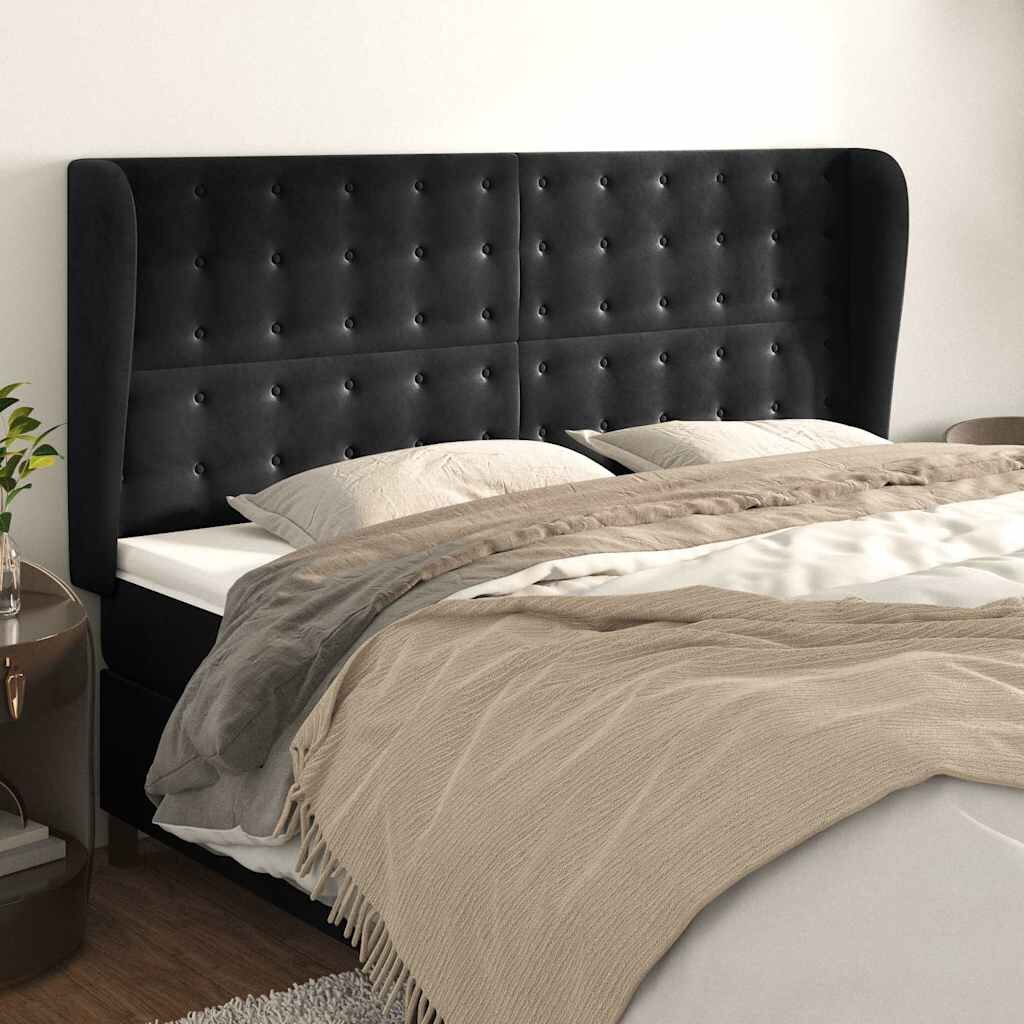 vidaXL Горна табла за легло с уши черна 163x23x118/128 см кадифе