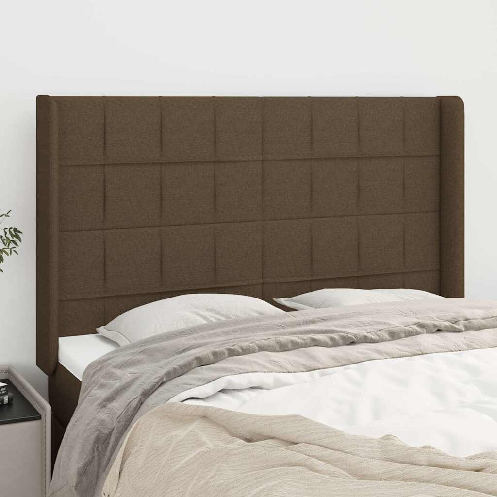 vidaXL Горна табла за легло с уши тъмнокафява147x16x118/128 см плат