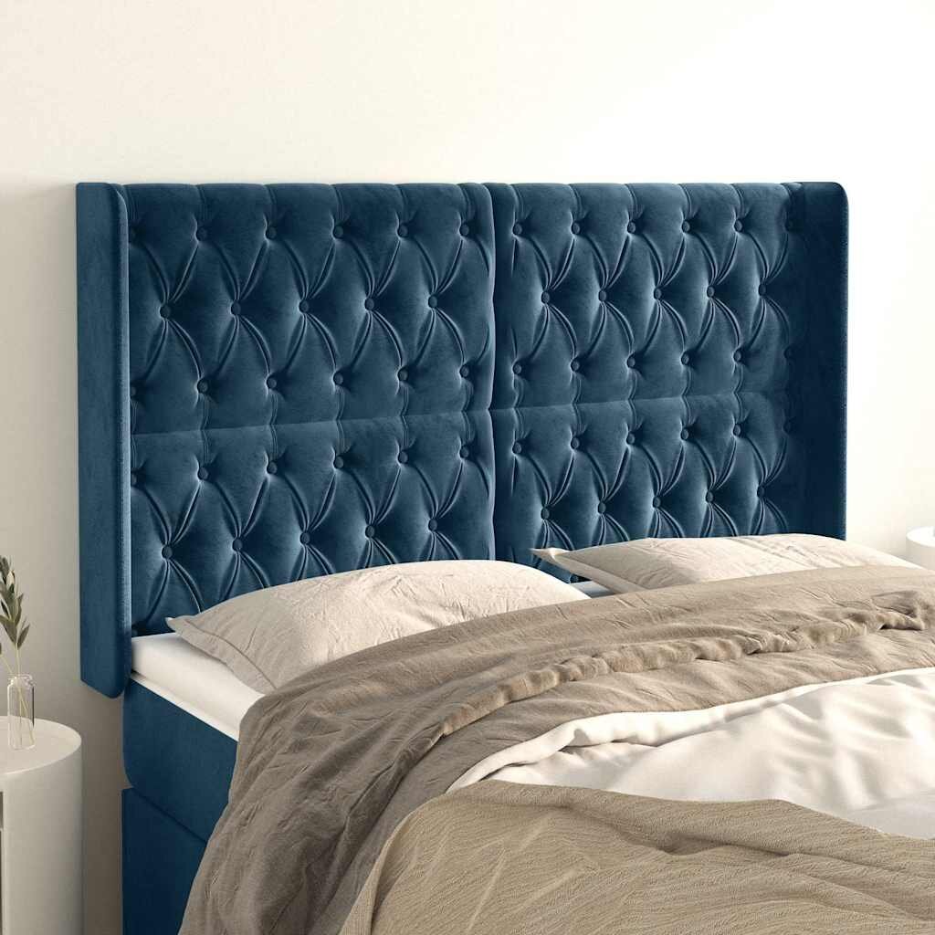 vidaXL Горна табла за легло с уши тъмносиня163x16x118/128 см кадифе