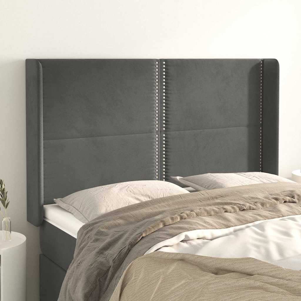 vidaXL Горна табла за легло с уши тъмносива 147x16x118/128см кадифе