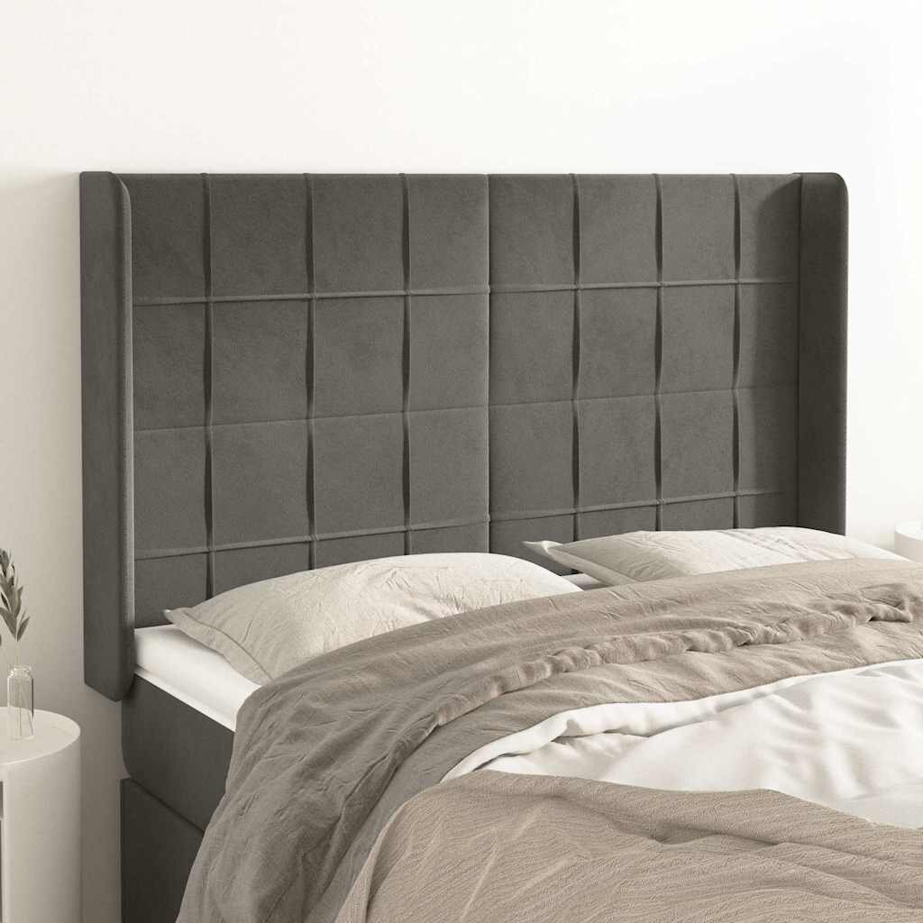 vidaXL Горна табла за легло с уши тъмносива 147x16x118/128см кадифе