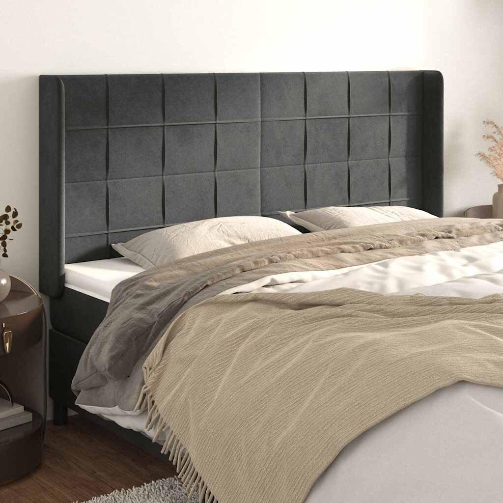vidaXL Горна табла за легло с уши тъмносива 183x16x118/128см кадифе