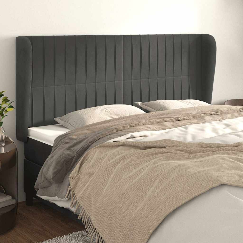 vidaXL Горна табла за легло с уши тъмносива 183x23x118/128 см кадифе
