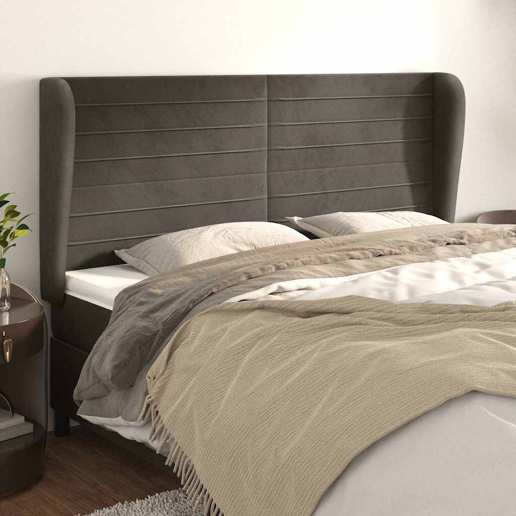 vidaXL Горна табла за легло с уши тъмносива 183x23x118/128 см кадифе