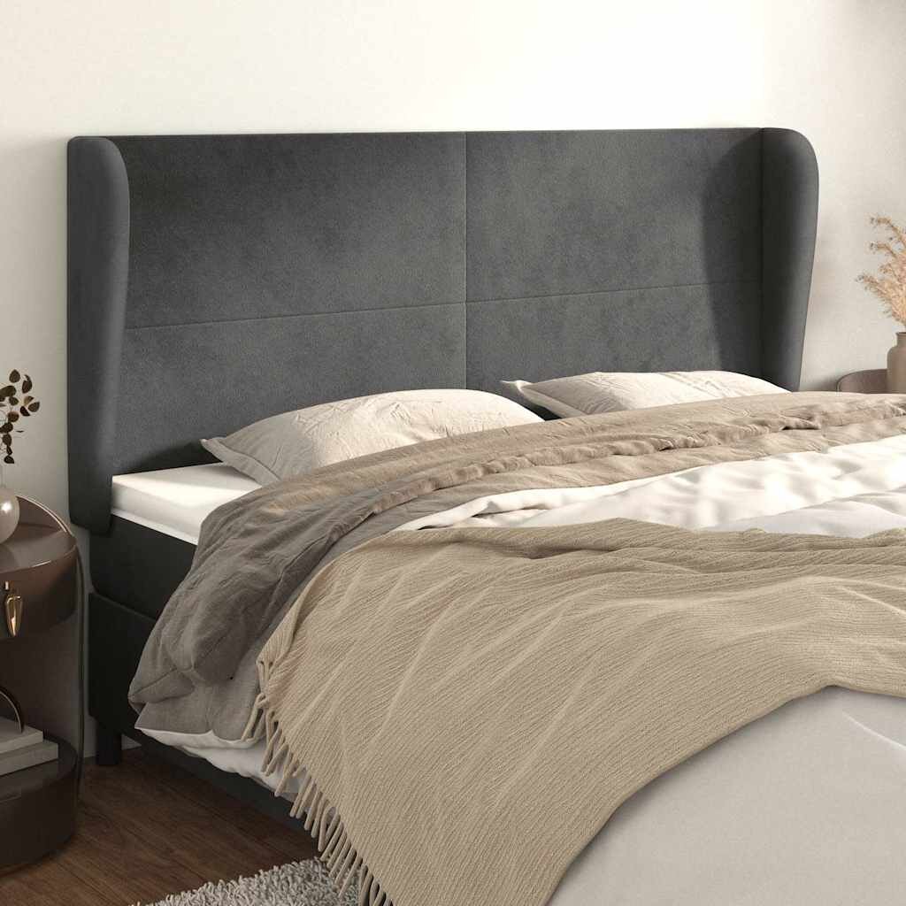 vidaXL Горна табла за легло с уши тъмносива 183x23x118/128 см кадифе