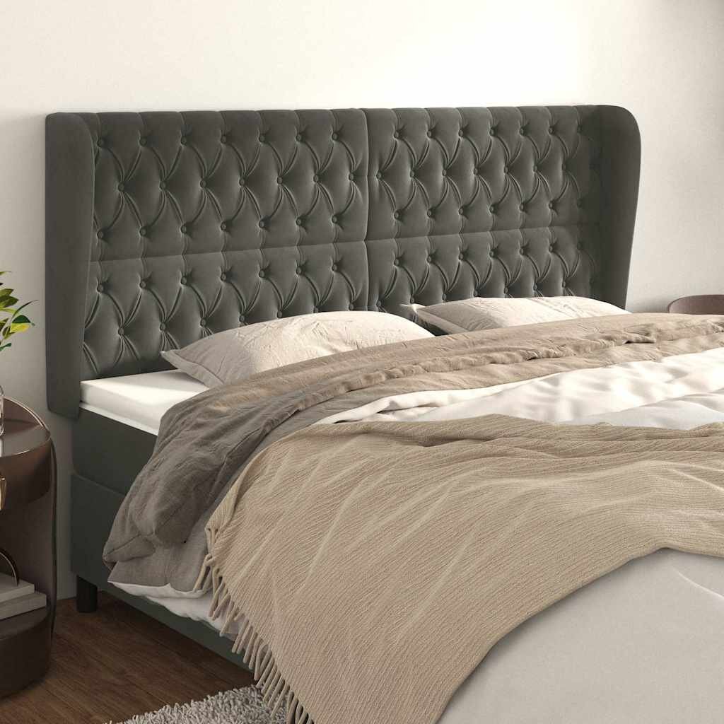 vidaXL Горна табла за легло с уши тъмносива 183x23x118/128 см кадифе