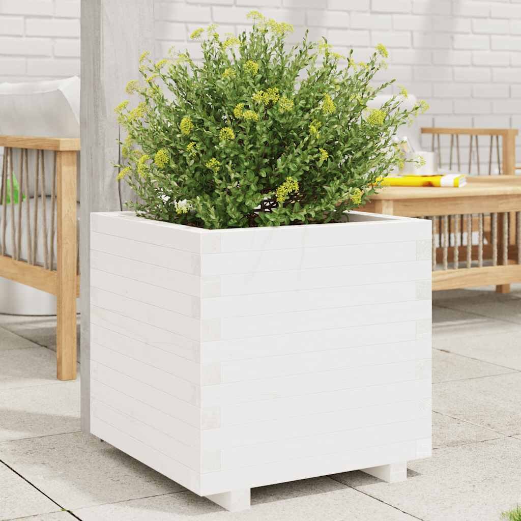 vidaXL Градинска кашпа бяла 50x50x495 см масивна борова дървесина