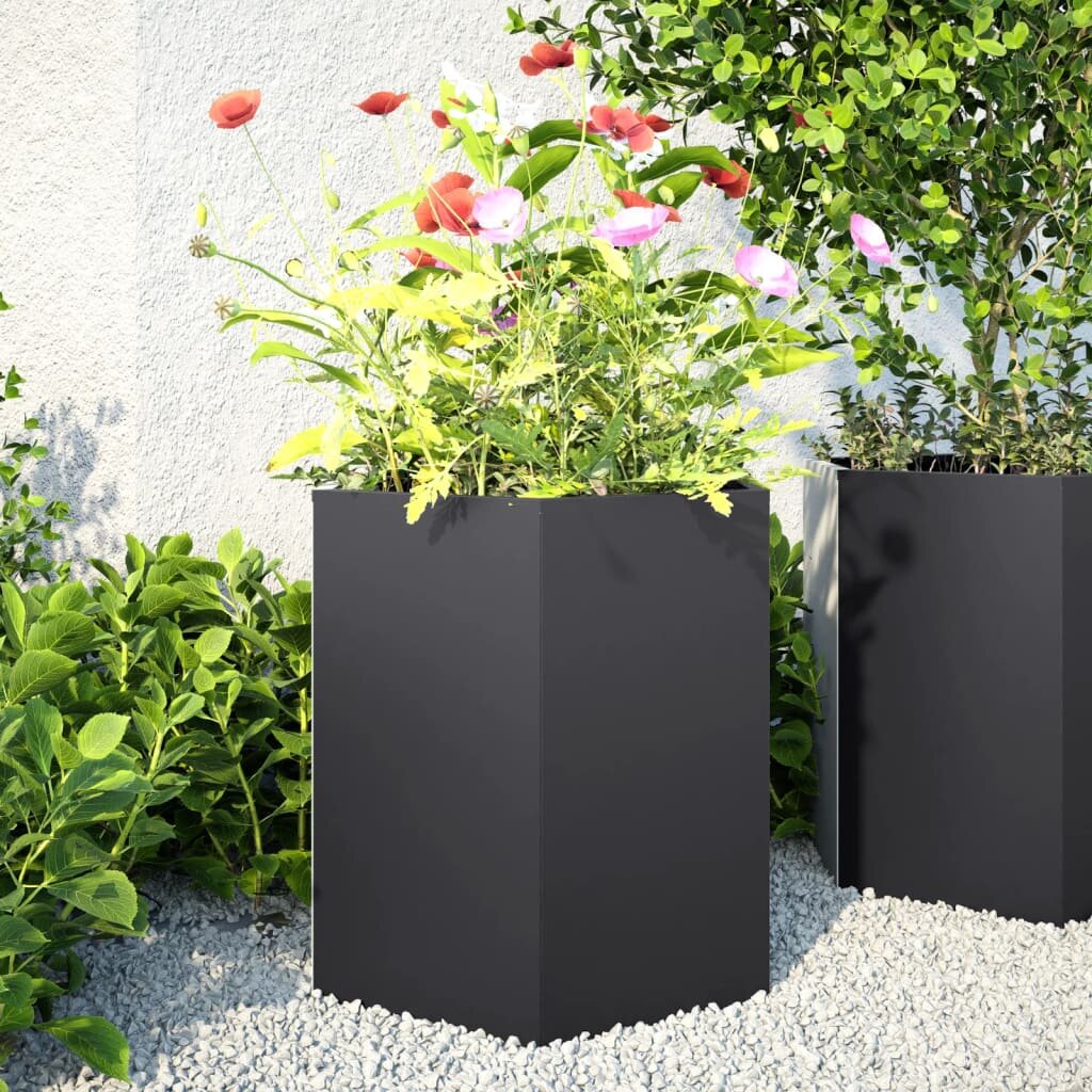 vidaXL Градинска кашпа черна шестоъгълна 46x40x45 см стомана