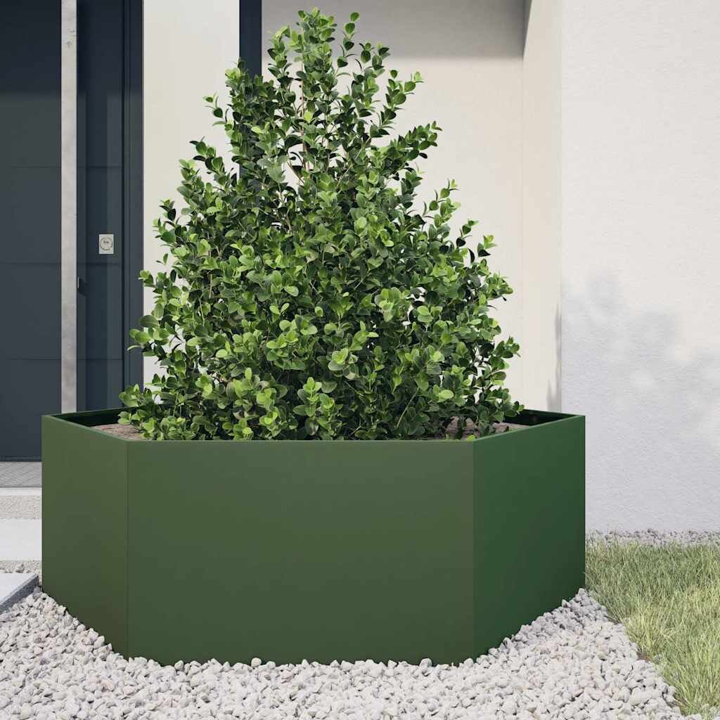 vidaXL Градинска кашпа маслинена шестоъгълна 138x120x45 см стомана