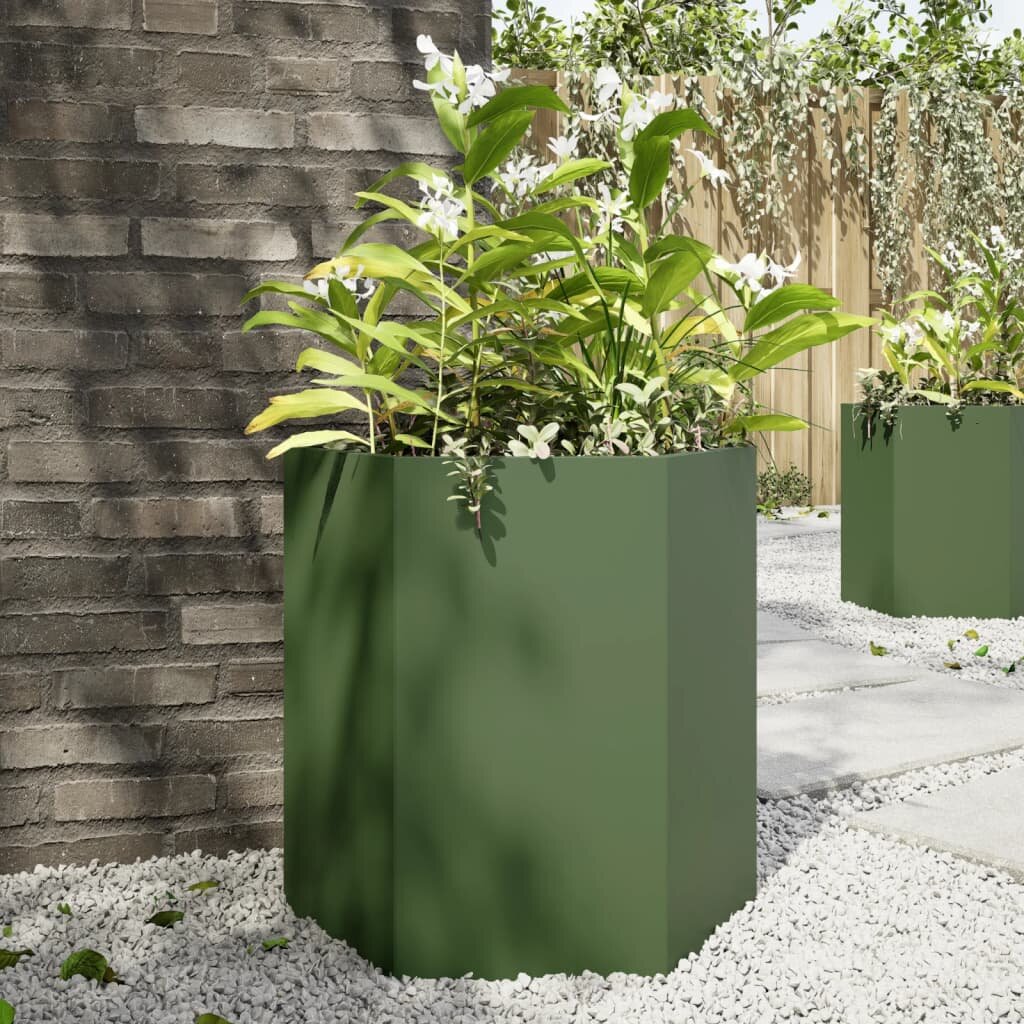 vidaXL Градинска кашпа маслинена шестоъгълна 46x40x45 см стомана