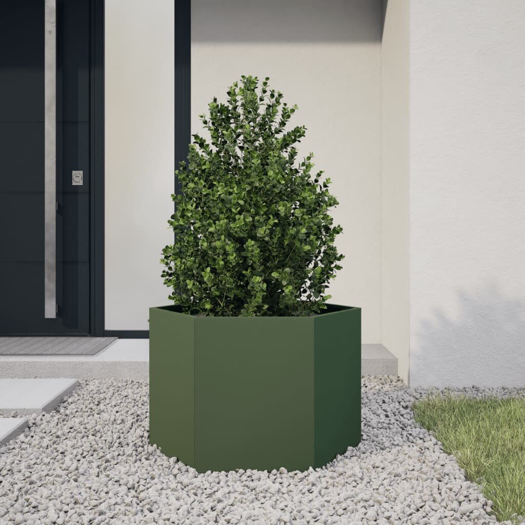 vidaXL Градинска кашпа маслинена шестоъгълна 69x60x45 см стомана