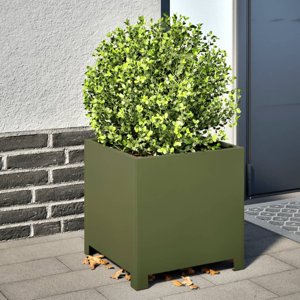 vidaXL Градинска кашпа маслиненозелена 40x40x40 см стомана
