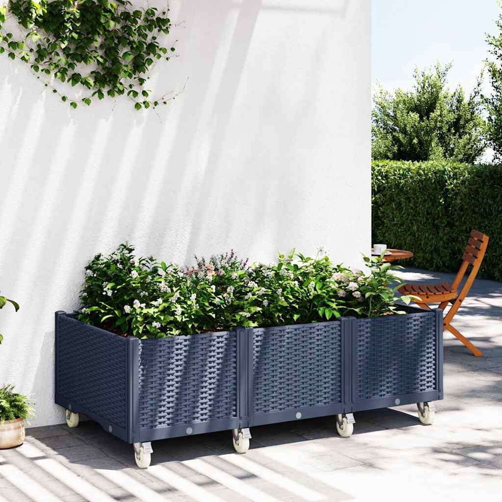 vidaXL Градинска кашпа с колелца синьо сив 150x80x54 см PP