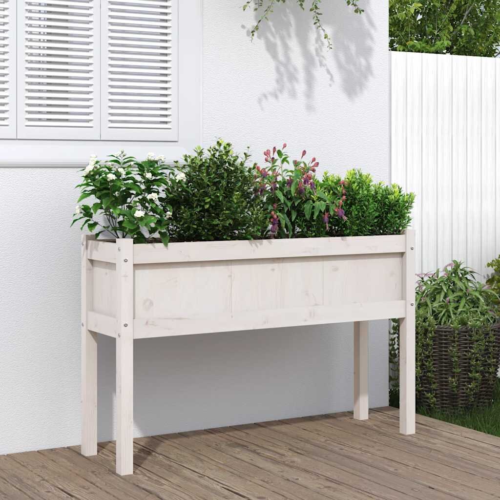 vidaXL Градинска кашпа с крака бяла 110x31x70 см бор масив