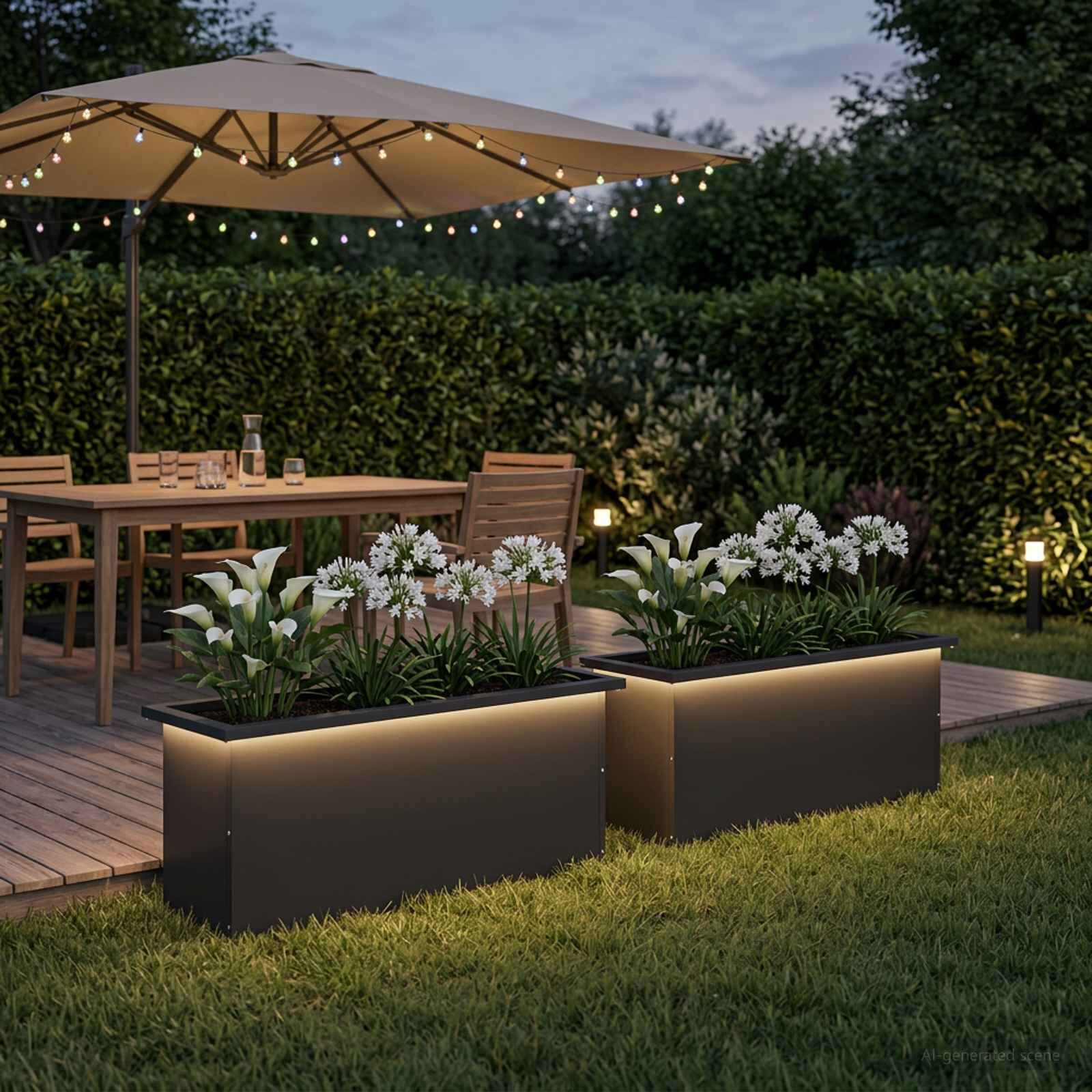 vidaXL Градинска кашпа с LED осветление 2 бр. Черно 30 × 100 × 30 см