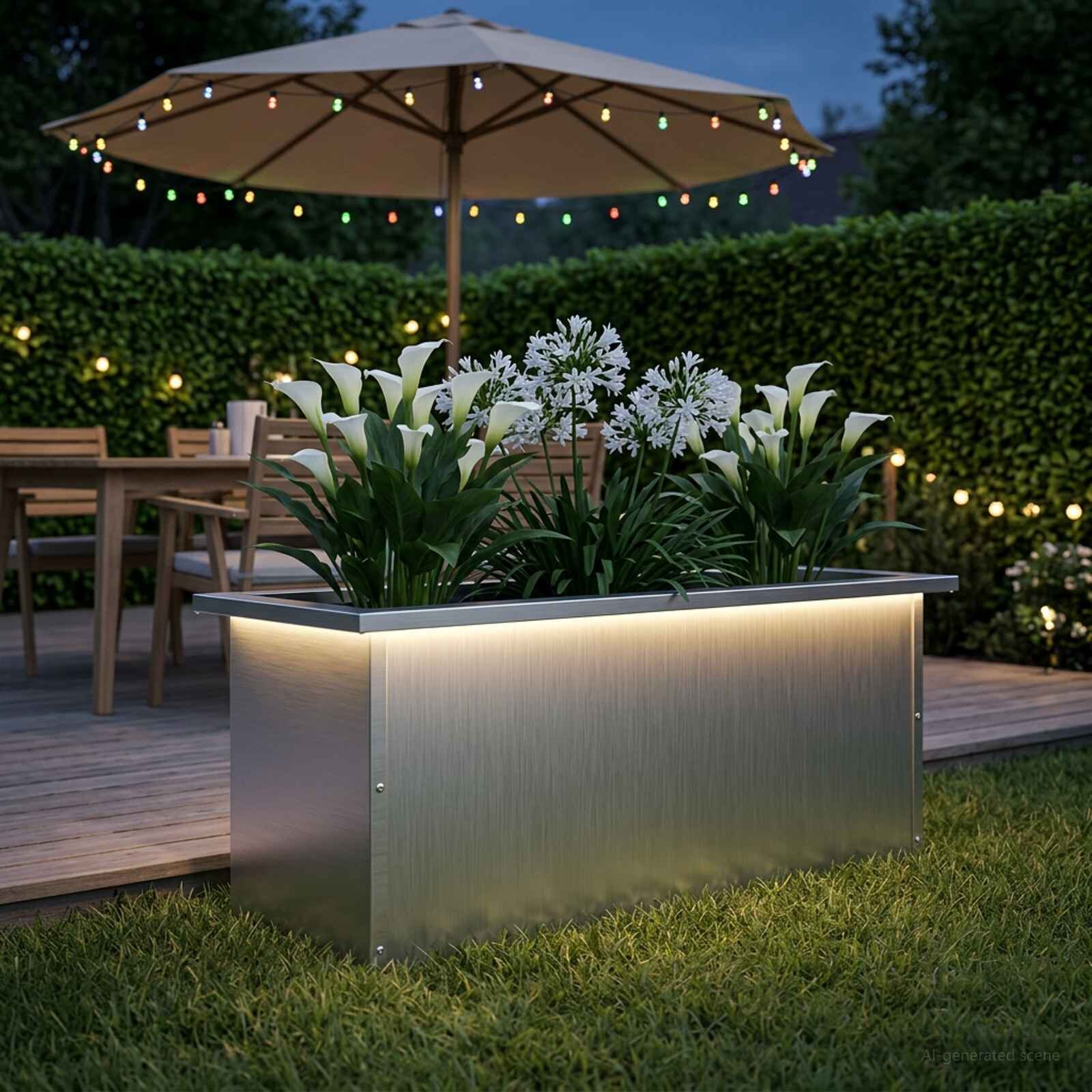 vidaXL Градинска кашпа с LED осветление Бяло 30 x 80 x 30 см Стомана