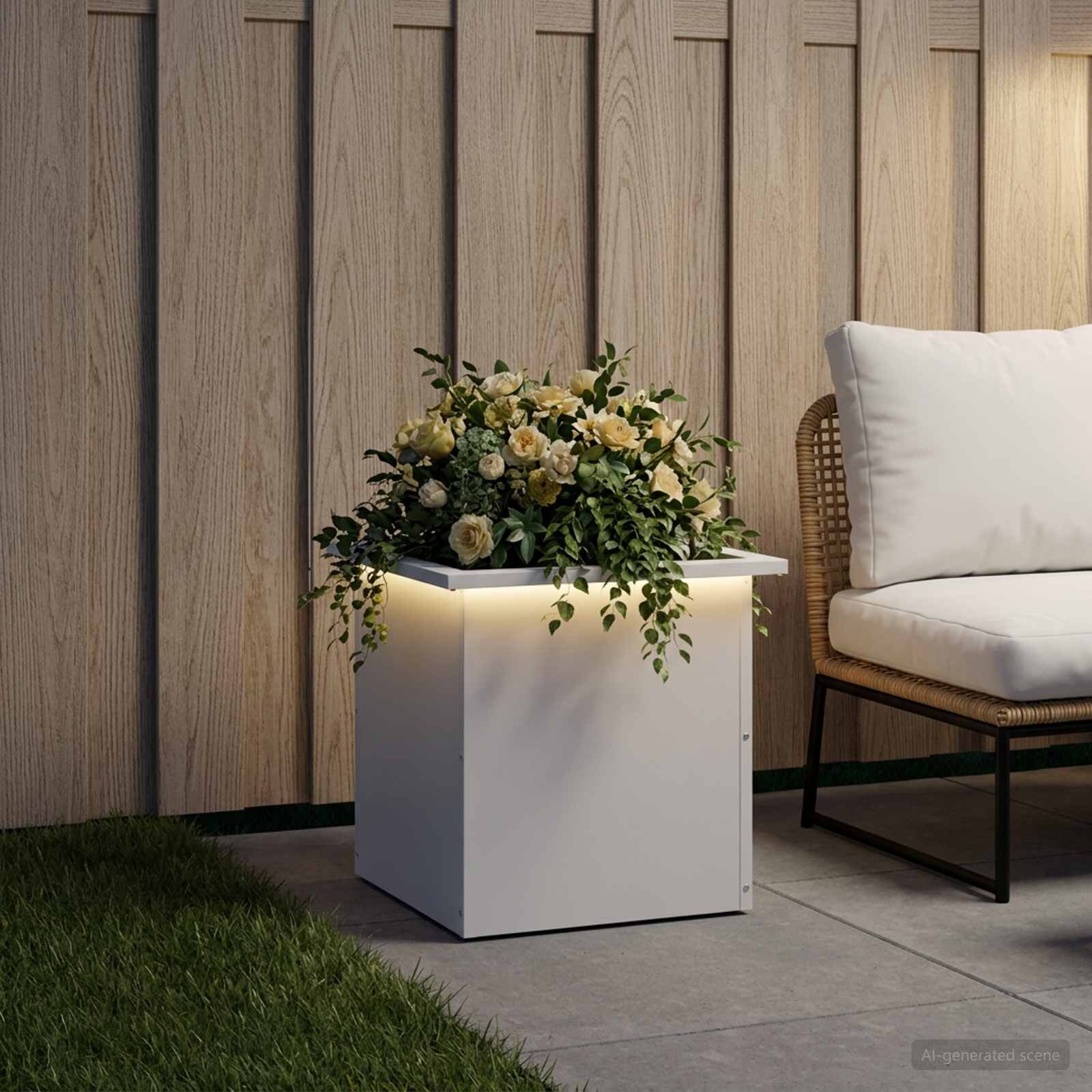 vidaXL Градинска кашпа с LED осветление Бяло 40 x 40 x 40 cm Стомана