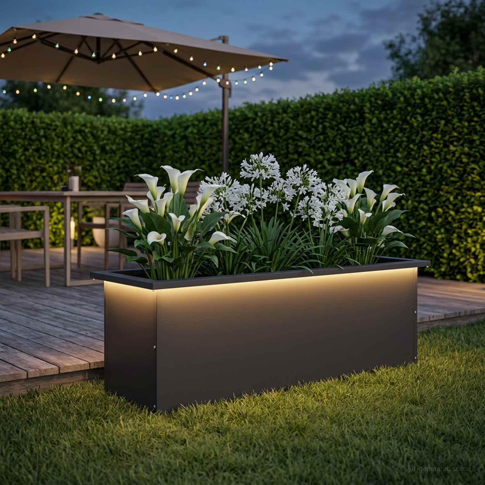 vidaXL Градинска кашпа с LED осветление Черно 30 × 100 × 30 см Стомана