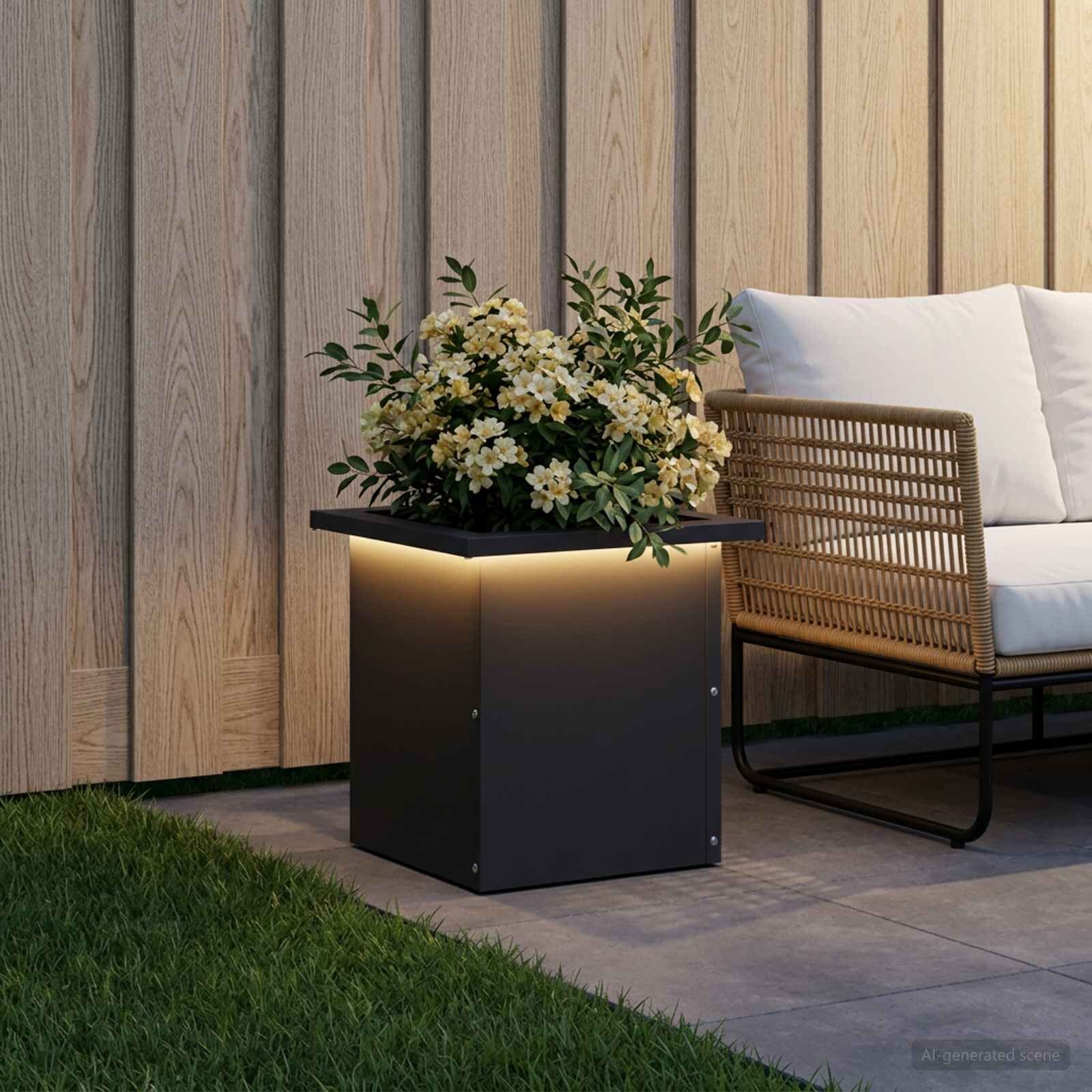 vidaXL Градинска кашпа с LED осветление Черно 30 x 30 x 30 cm Стомана