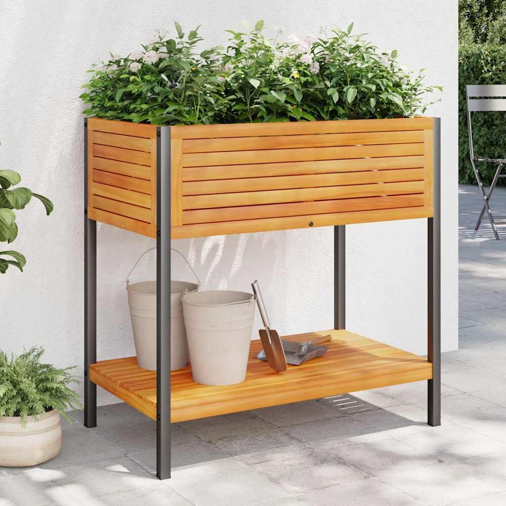 vidaXL Градинска кашпа с рафт 80x45x80 см масивна акация и стомана