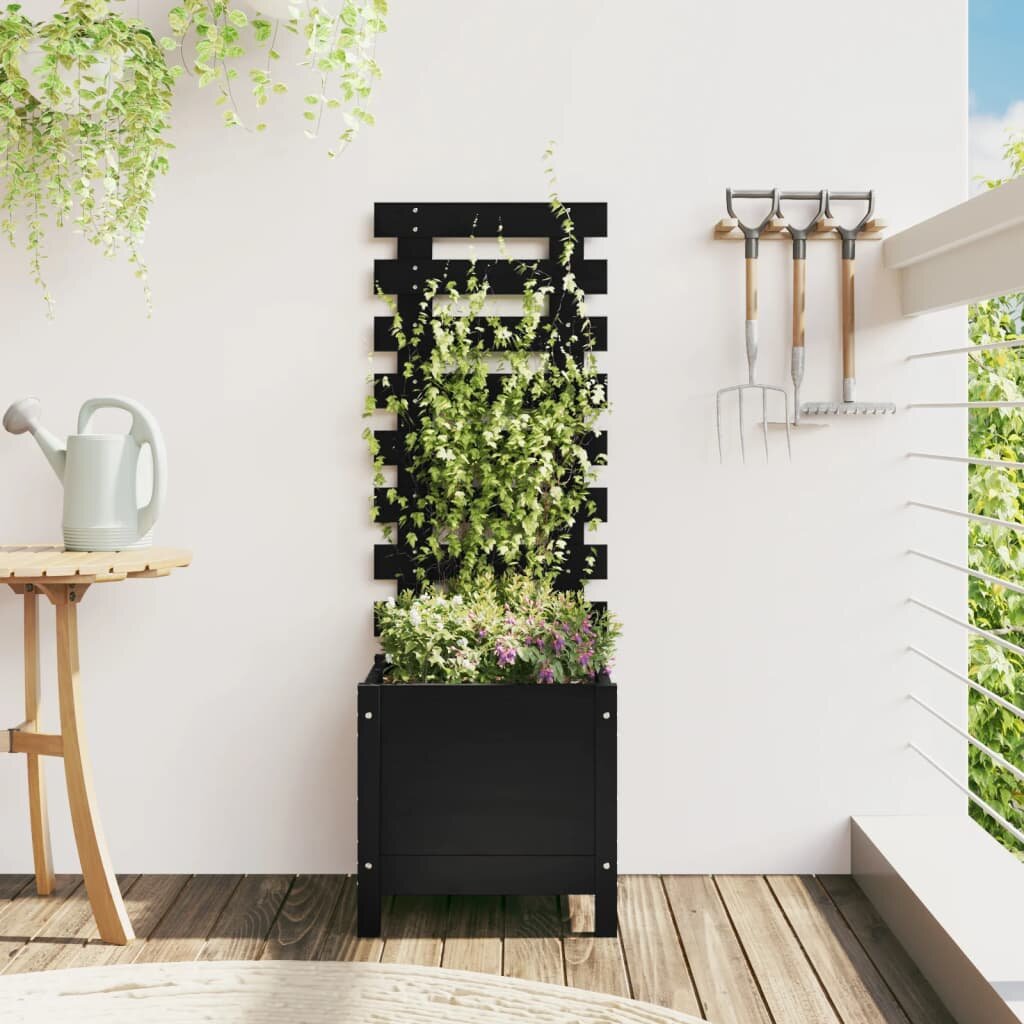 vidaXL Градинска кашпа със стойка черна 39x395x114 см дърво бор масив