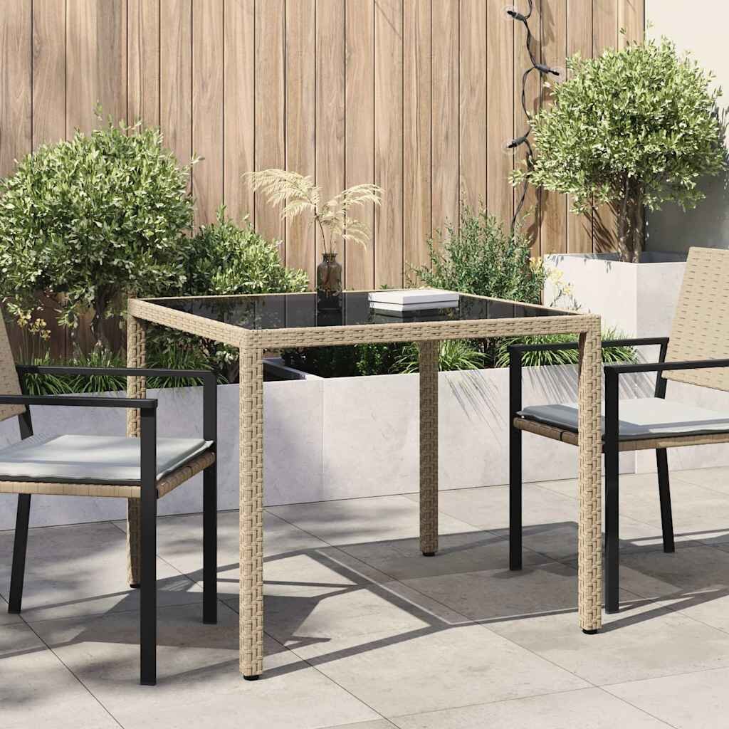 vidaXL Градинска маса 90x90x75 см закалено стъкло и полиратан бежова