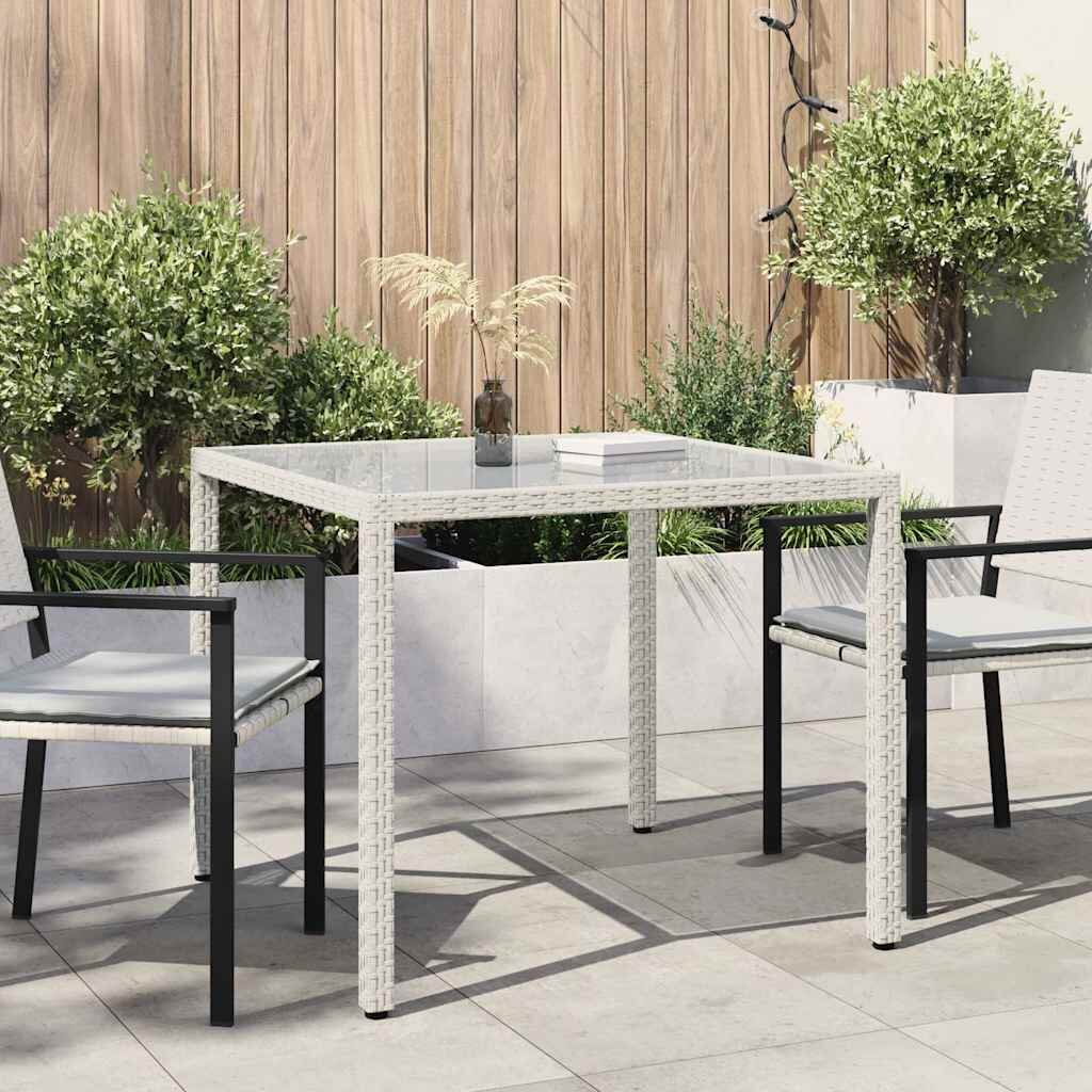 vidaXL Градинска маса 90x90x75 см закалено стъкло и полиратан бяла