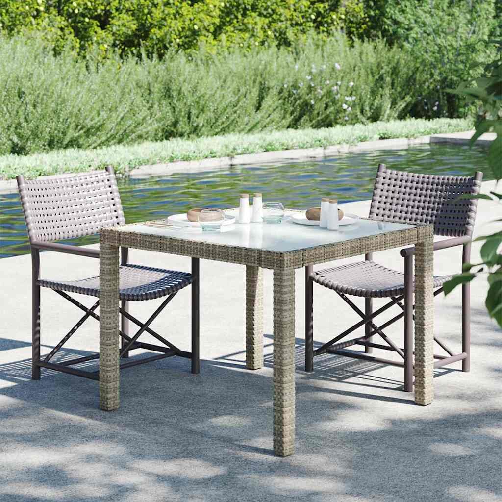 vidaXL Градинска маса 90x90x75 см закалено стъкло и полиратан сива