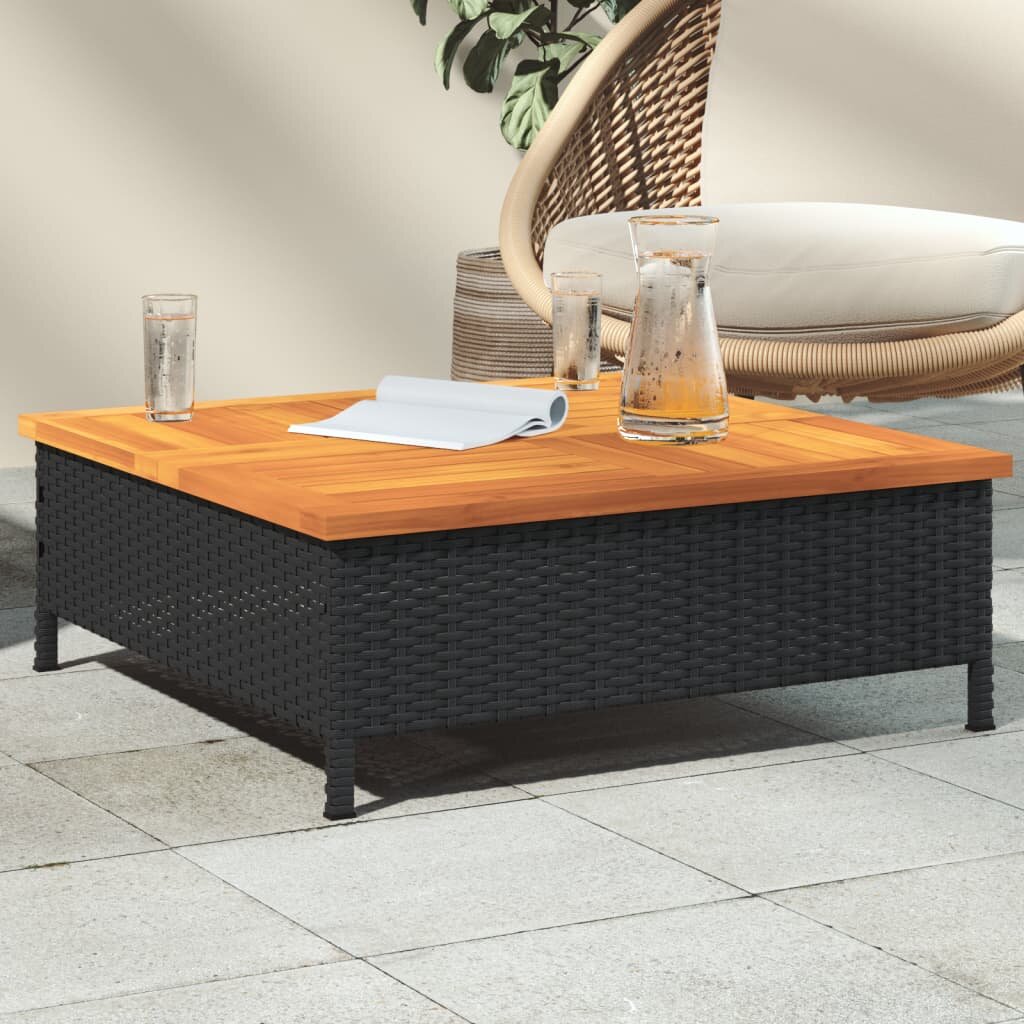 vidaXL Градинска маса черна 70x70x25 см ратан и акациево дърво