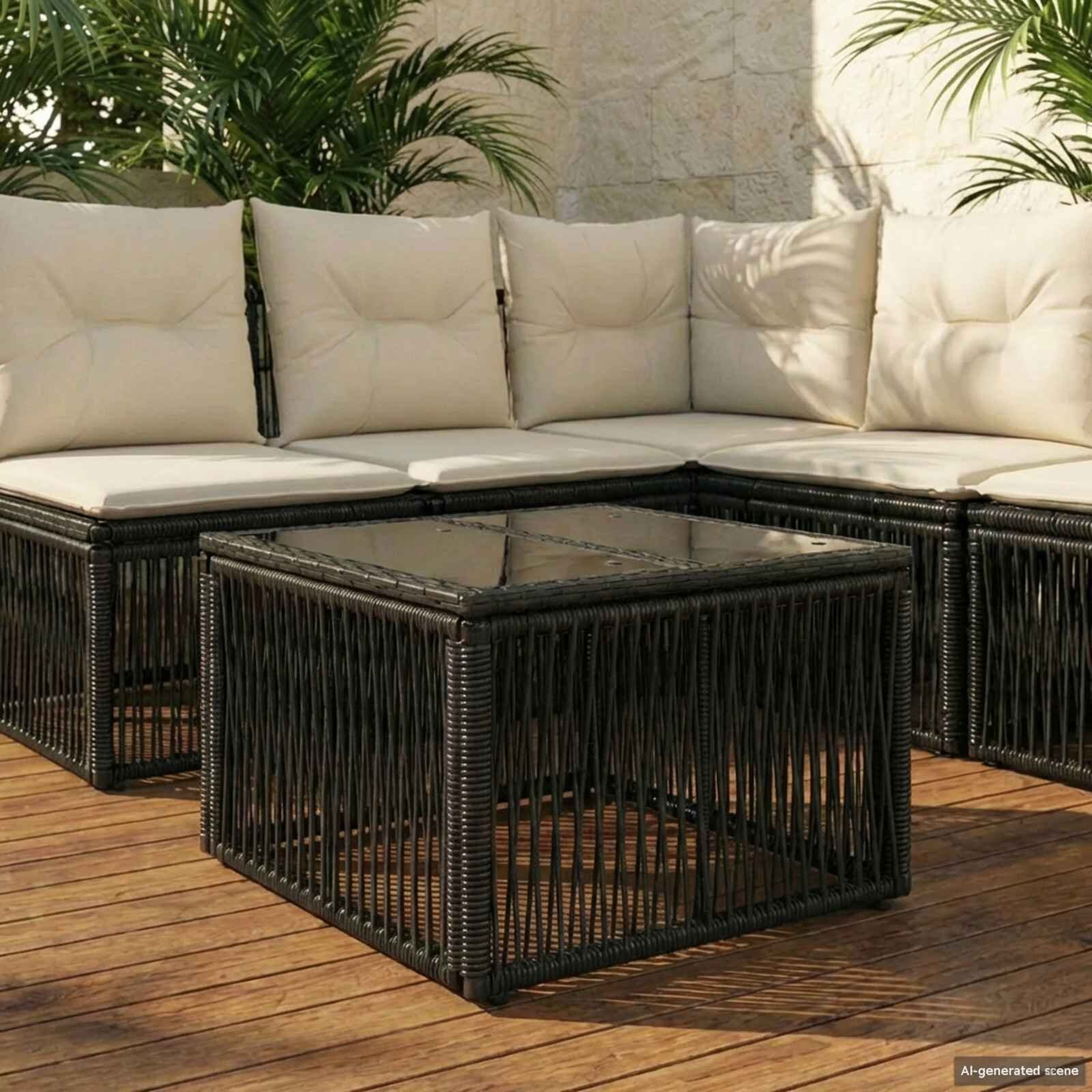 vidaXL Градинска маса Черно 55 x 55 x 37 см PE Ратаново и Стъкло