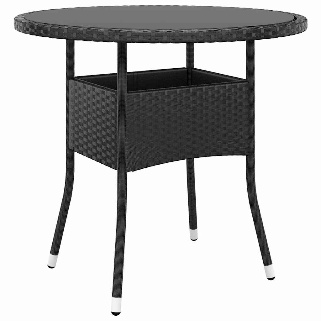 vidaXL Градинска маса Ø80x75 см закалено стъкло и полиратан черна