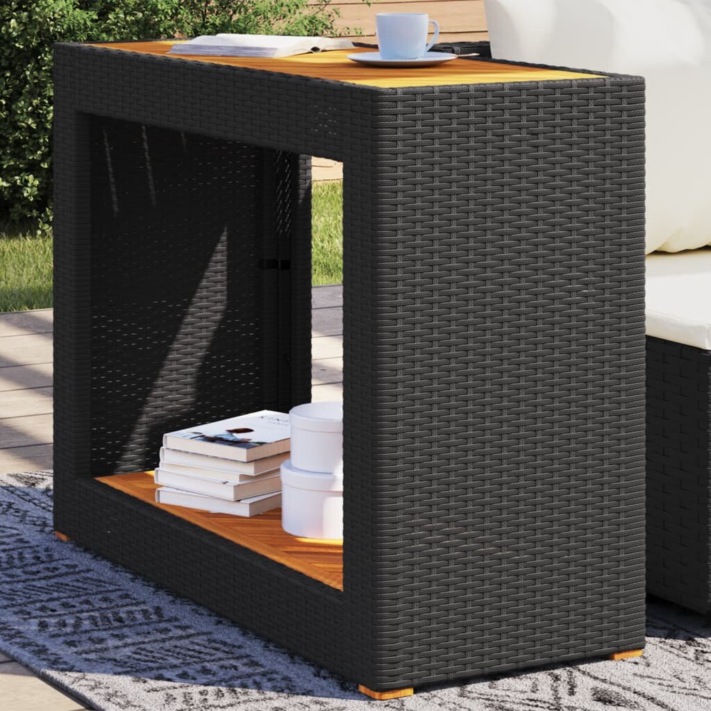 vidaXL Градинска маса с дървен плот черна 100x40x75 см полиратан