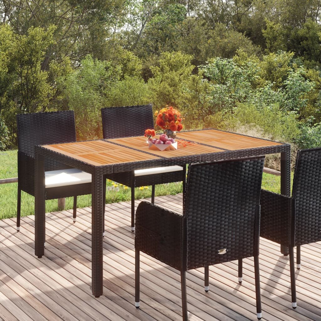 vidaXL Градинска маса с дървен плот черна 150x90x75 см полиратан