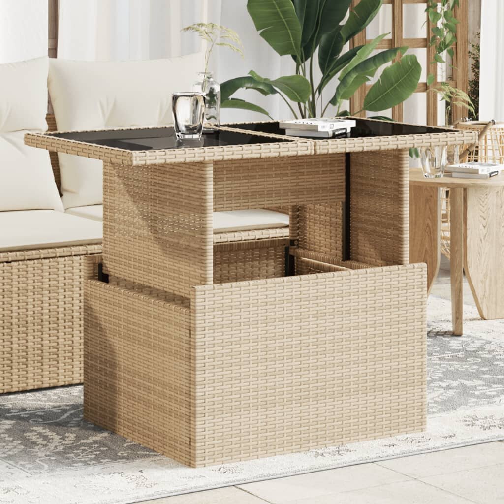vidaXL Градинска маса със стъклен плот бежов 100x55x73 см полиратан