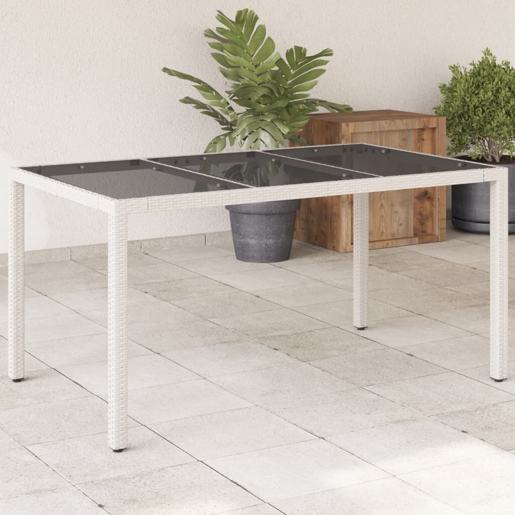 vidaXL Градинска маса със стъклен плот бяла 150x90x75 см полиратан