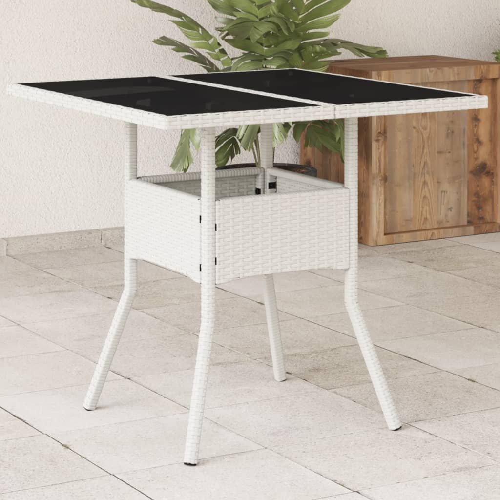 vidaXL Градинска маса със стъклен плот бяла 80x80x75 см полиратан