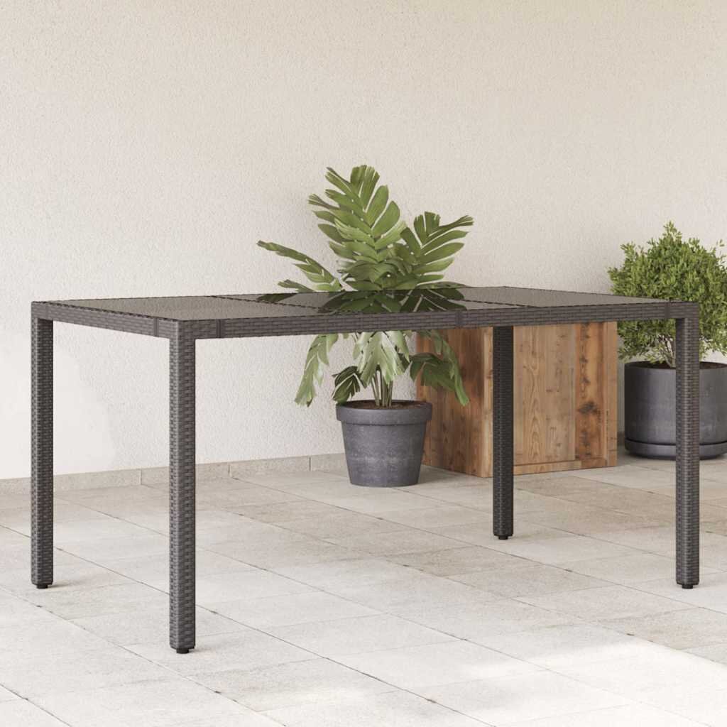 vidaXL Градинска маса със стъклен плот черен 150x90x75 см полиратан