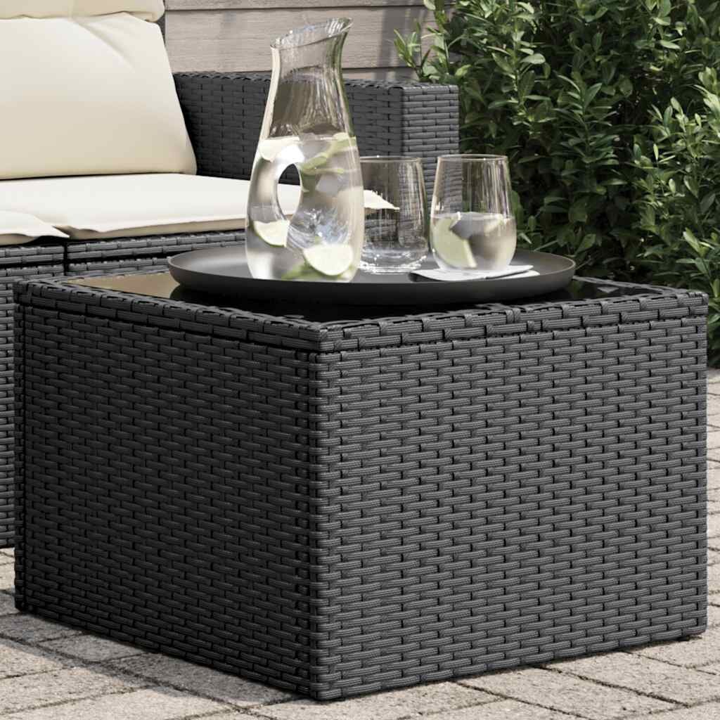 vidaXL Градинска маса със стъклен плот черна 55x55x37 см полиратан